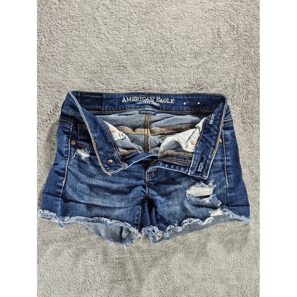 American Eagle Super Stretch Midi Denim Shorts Dark Wash Distressed Size 0